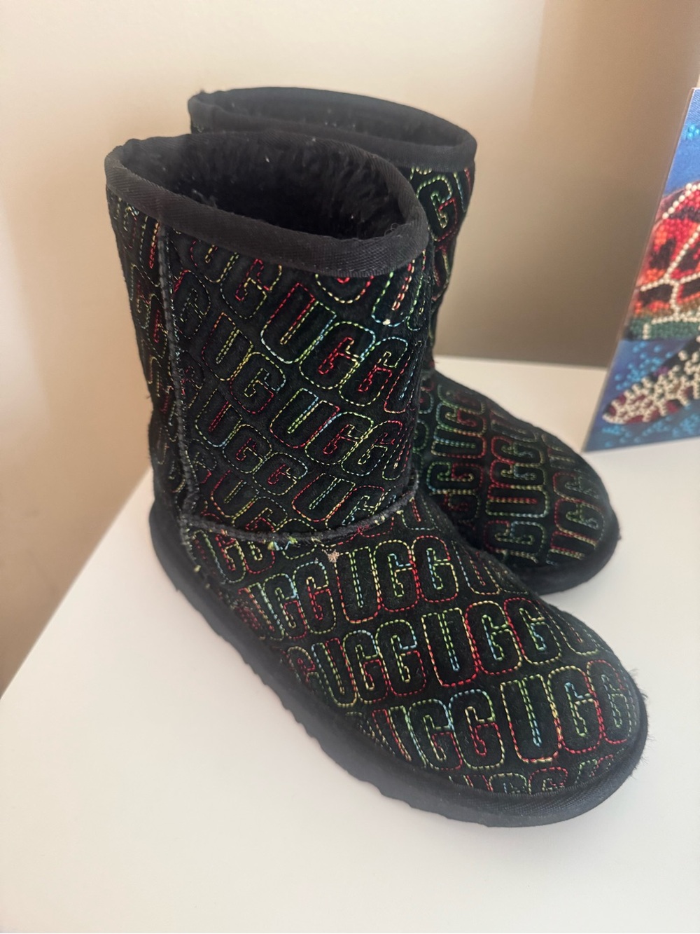 UGG Kids Black Boot with Multicolor Logo Stitching